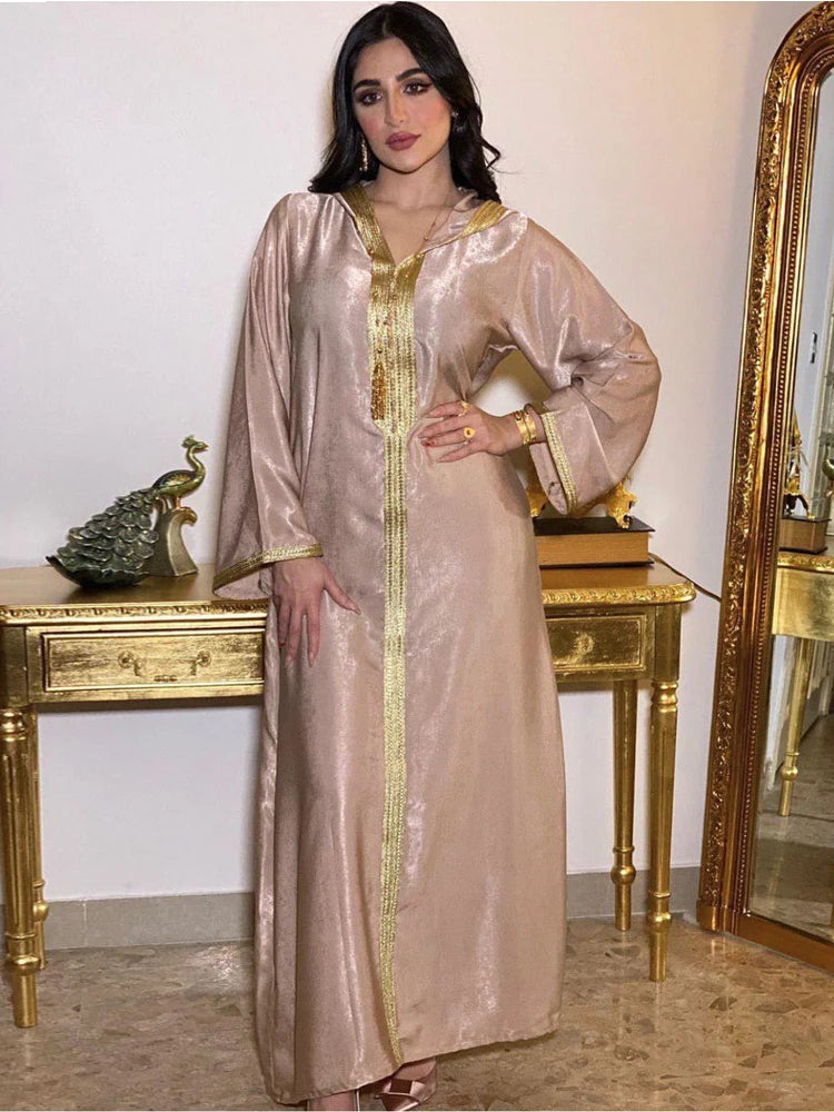 2024 Women Clothing Arabic Muslim Abaya Saudi Islamic Party Dress V Neck Long Sleeve Moroccan Kaftan Hooded Robe