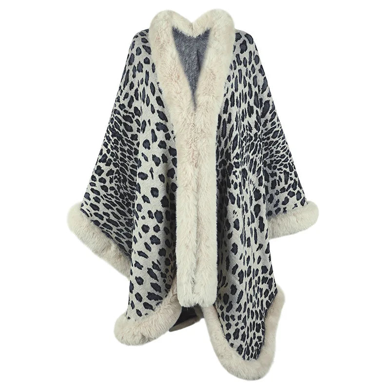 Sueter Mujer Invierno 2024 Fashion Poncho Women Fur Collar Spliced Leopard Cloak Knitted Cardigan Korean Oversized Coat KCR2048