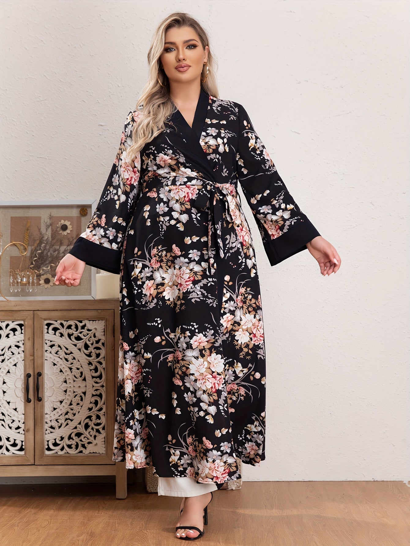 Ramadan Plus Size Floral Pattern Kaftan Coverups, Elegant Open Front Long Sleeve Coverup, Women's Plus Size Clothing