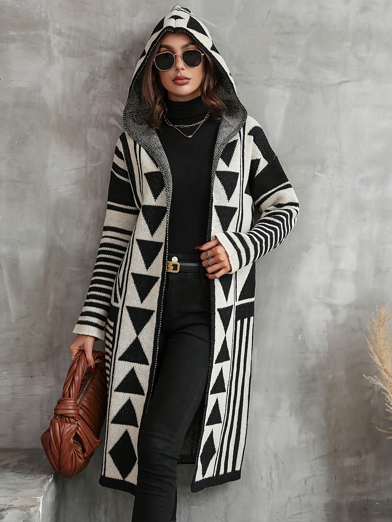 Geo Pattern Long Sleeve Hooded Cardigan, Stylish Open Front Color Block Knitted Cardigan For Fall & Winter, Women's Clothing