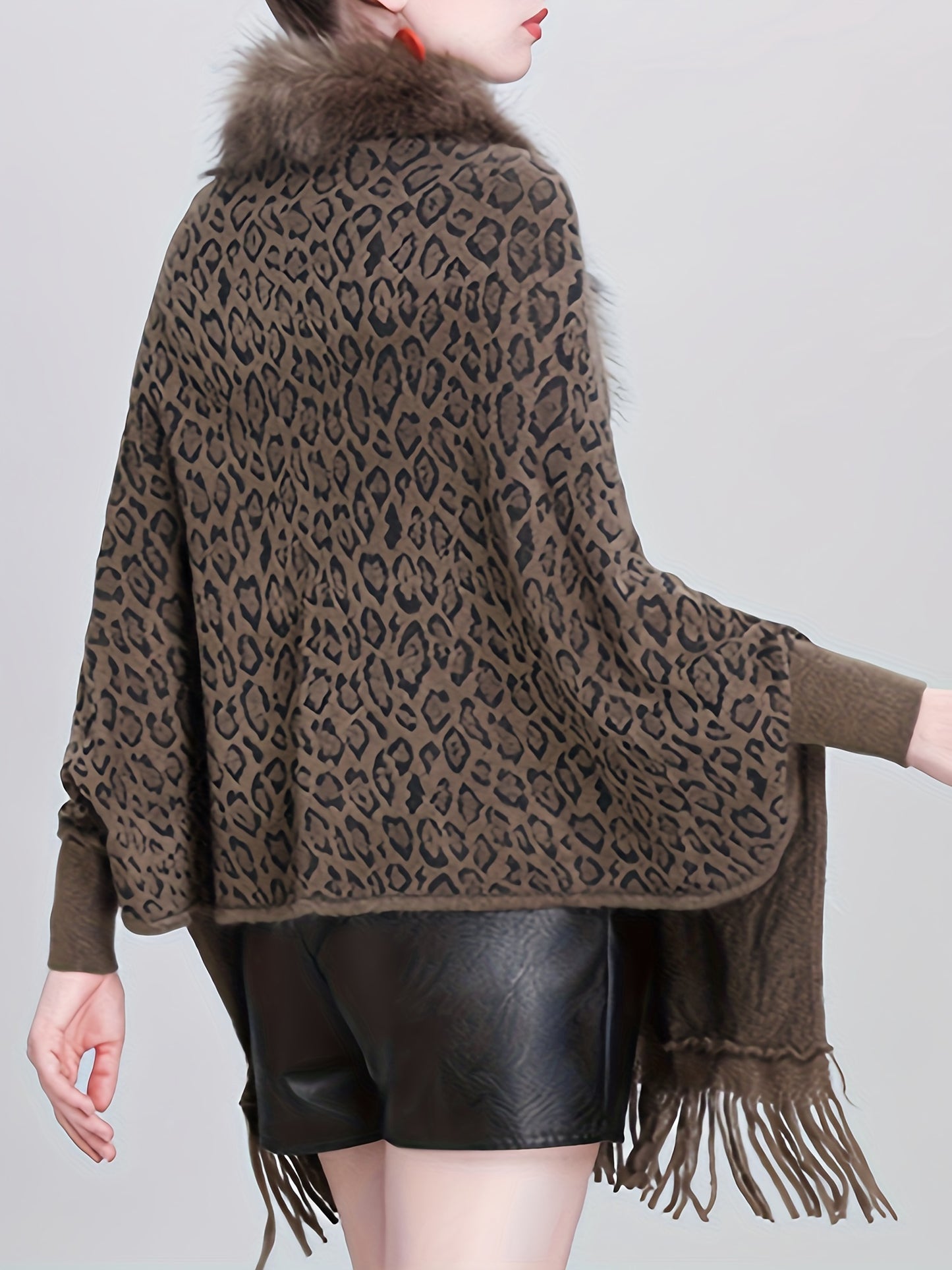 Elegant Leopard Print Knit Cardigan with Faux Fur Collar & Tassel Trim - Batwing Sleeves, Open Front Shawl Cape for Women - Perfect for Fall/Winter, for Winter