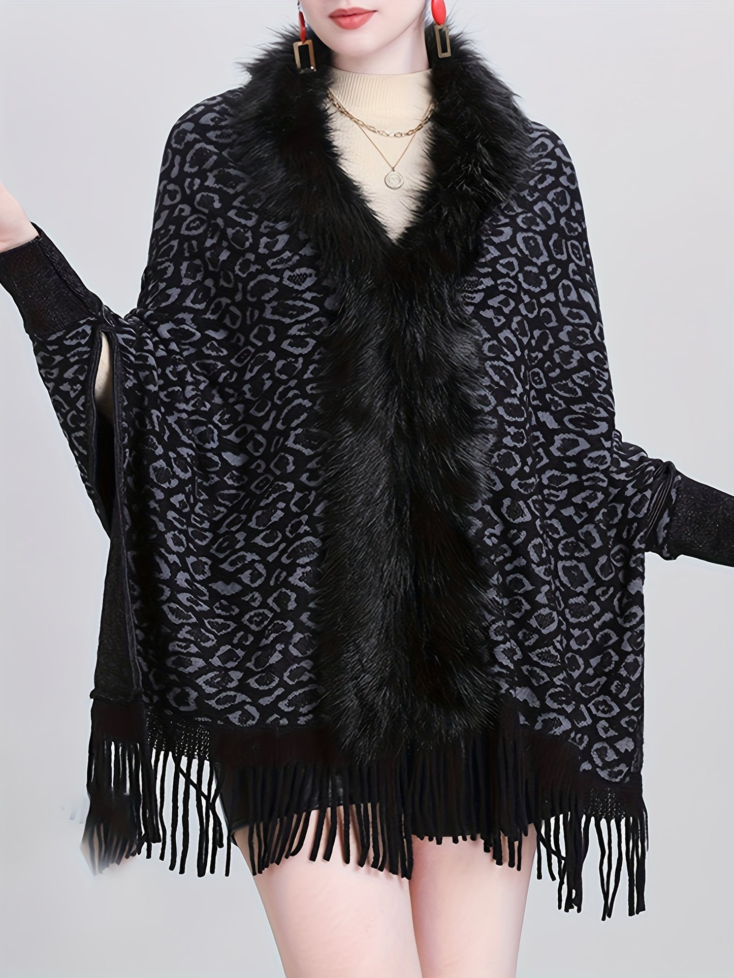 Elegant Leopard Print Knit Cardigan with Faux Fur Collar & Tassel Trim - Batwing Sleeves, Open Front Shawl Cape for Women - Perfect for Fall/Winter, for Winter