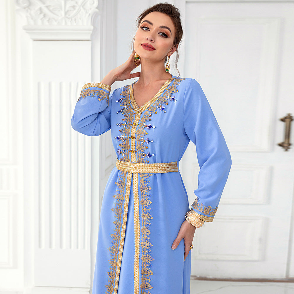 Light Blue Ribbon Hand-stitched Diamond Long Sleeve Dress