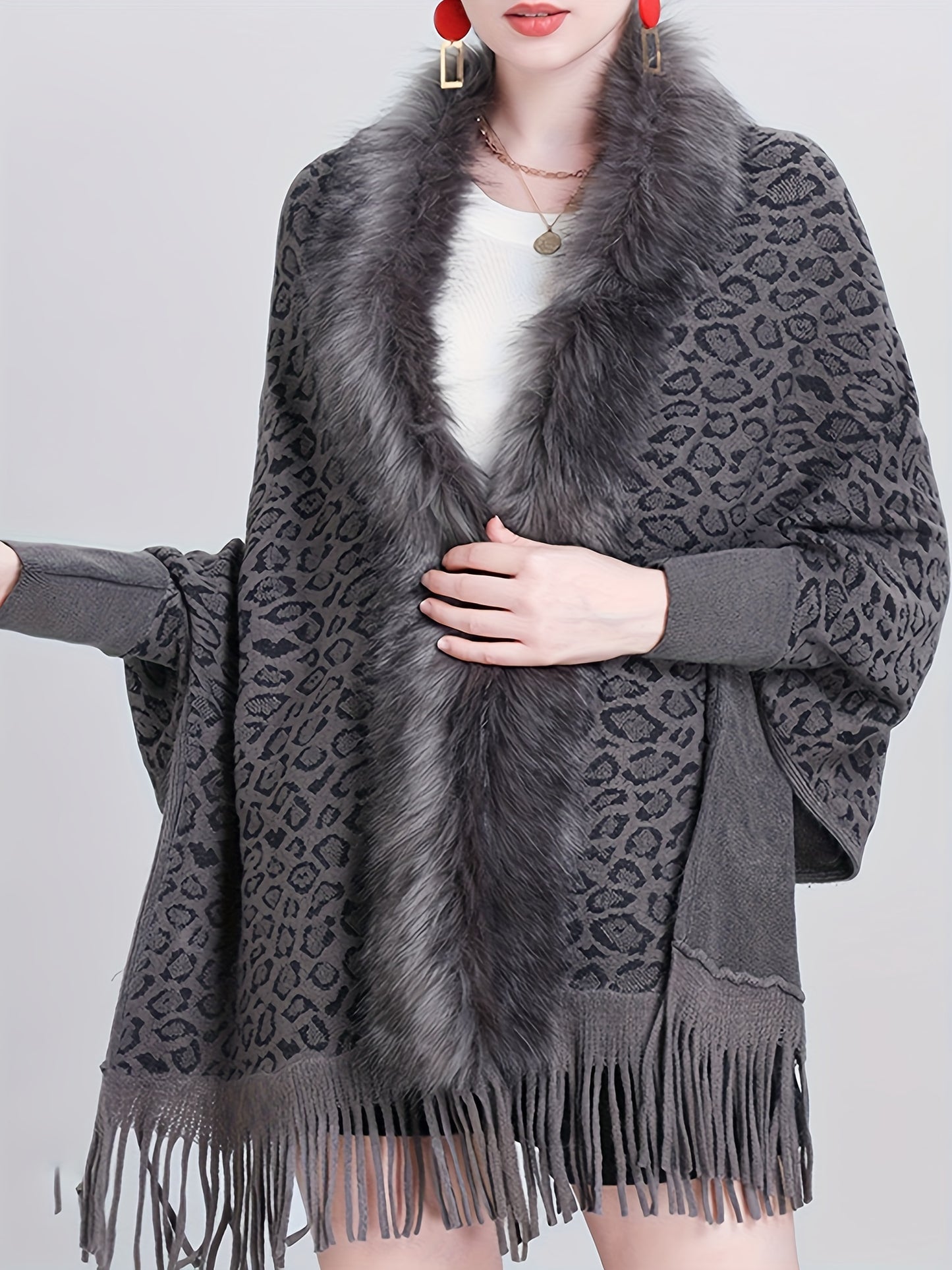 Elegant Leopard Print Knit Cardigan with Faux Fur Collar & Tassel Trim - Batwing Sleeves, Open Front Shawl Cape for Women - Perfect for Fall/Winter, for Winter