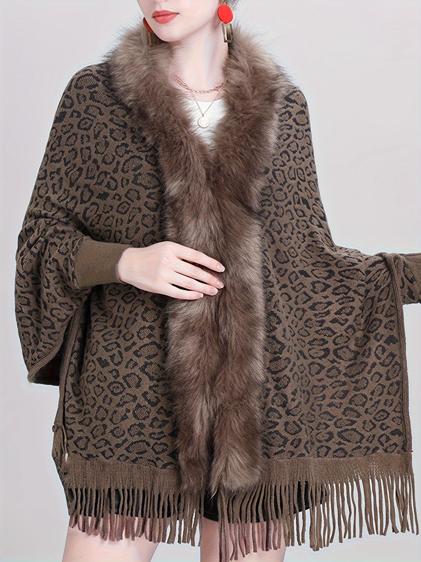 Elegant Leopard Print Knit Cardigan with Faux Fur Collar & Tassel Trim - Batwing Sleeves, Open Front Shawl Cape for Women - Perfect for Fall/Winter, for Winter