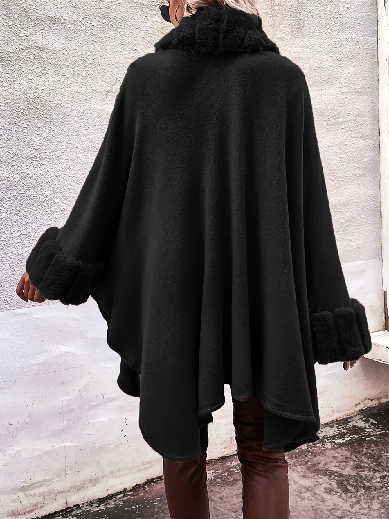 Faux Fur Trim Open Front Cardigan, Solid Color Batwing Sleeve Cape Cardigan, Women's Clothing