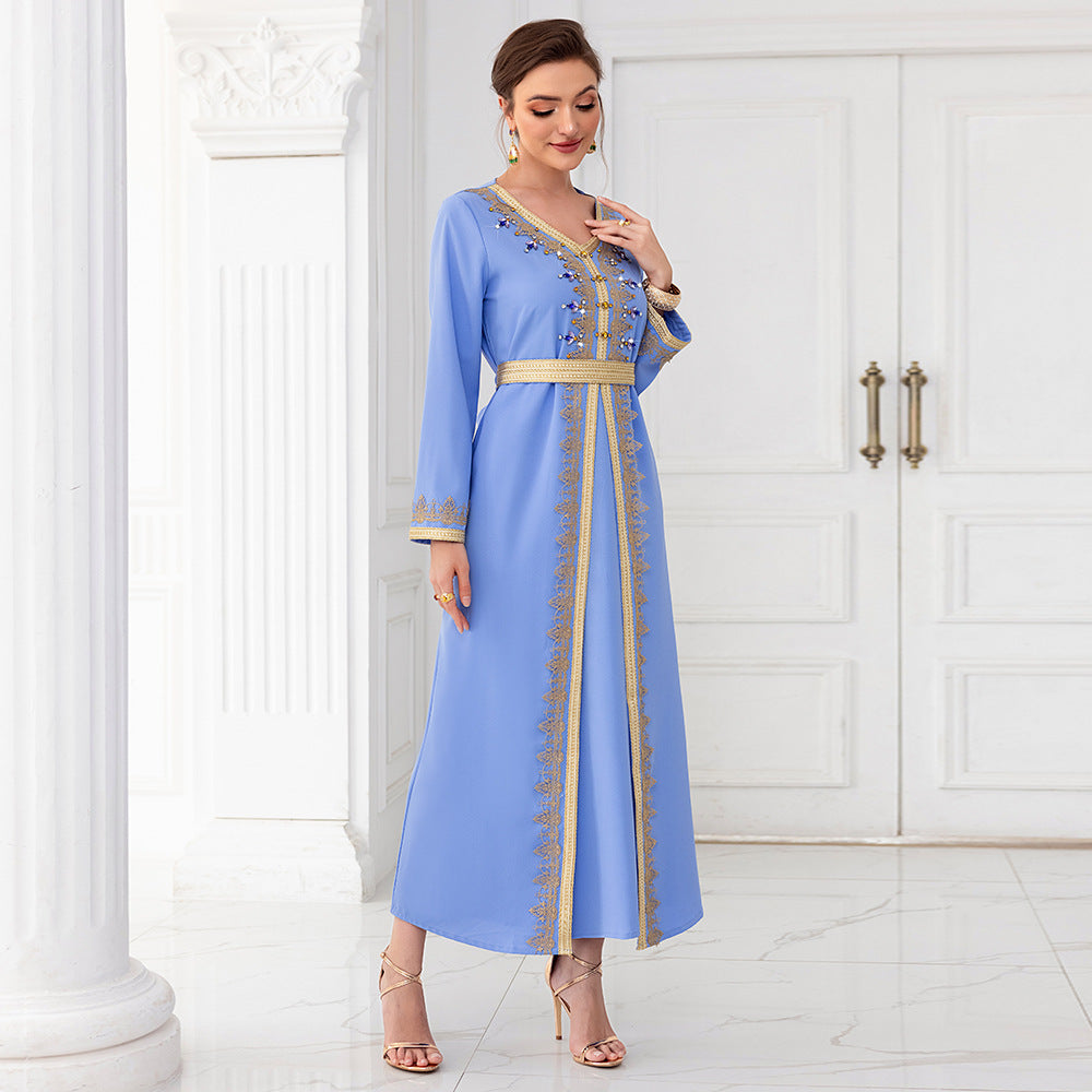 Light Blue Ribbon Hand-stitched Diamond Long Sleeve Dress