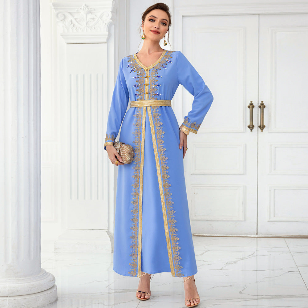 Light Blue Ribbon Hand-stitched Diamond Long Sleeve Dress