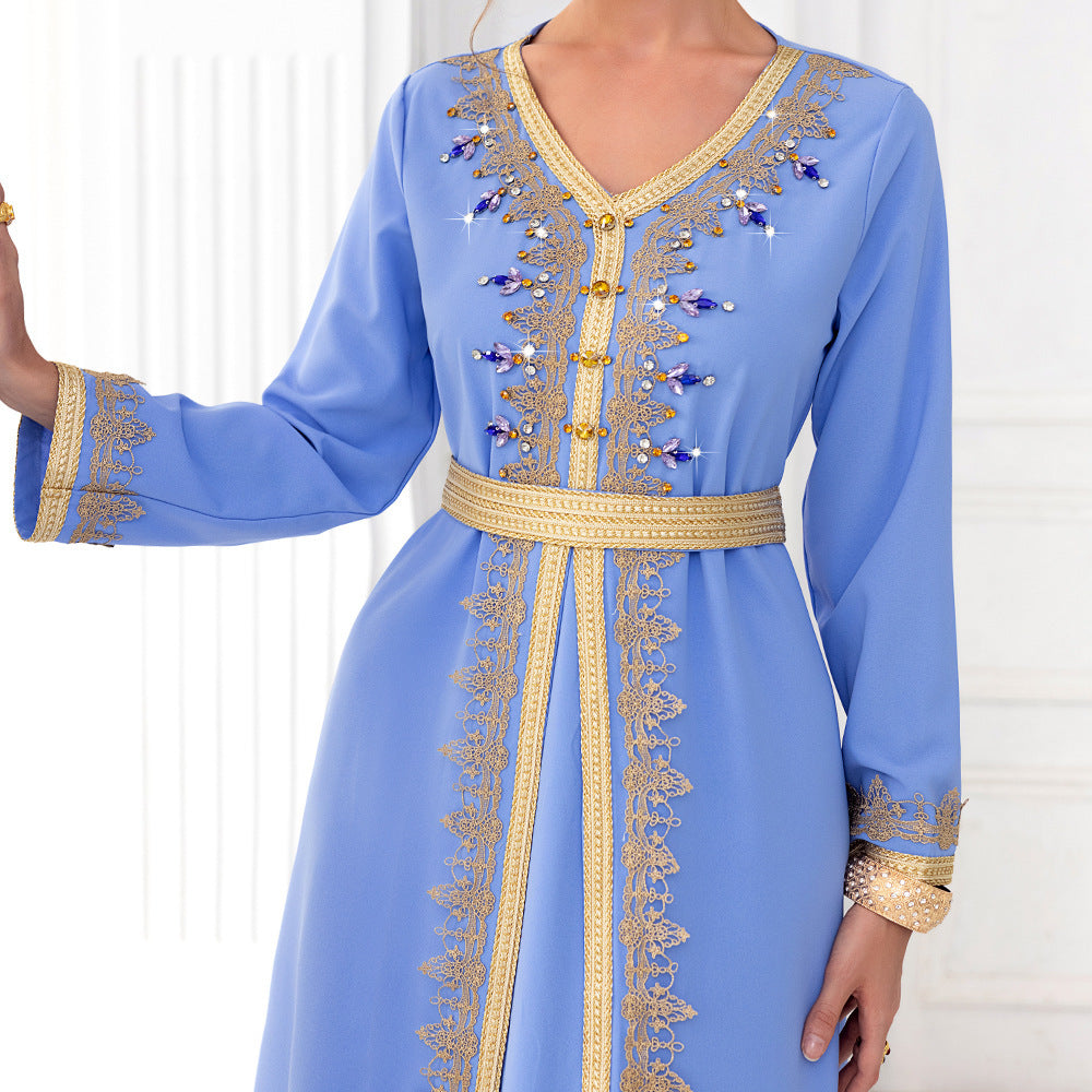 Light Blue Ribbon Hand-stitched Diamond Long Sleeve Dress