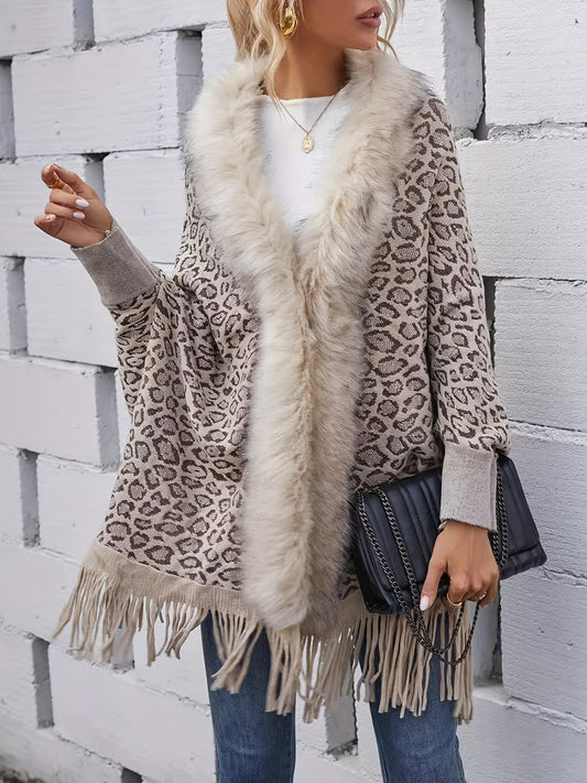 Elegant Leopard Print Knit Cardigan with Faux Fur Collar & Tassel Trim - Batwing Sleeves, Open Front Shawl Cape for Women - Perfect for Fall/Winter, for Winter