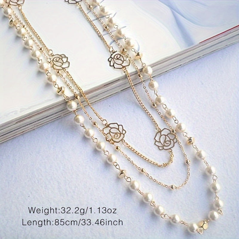 Long Sweater Chain Ladies Ornament Multilayer Imitation Pearl Rose Flower Women's Clothes Accessories Necklace