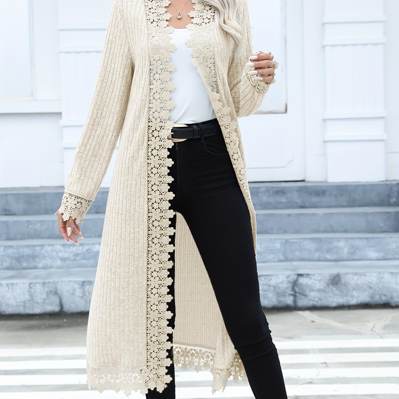 Ribbed Open Front Knitted Cardigan, Casual Lace Trim Long Sleeve Cardigan, Women's Clothing