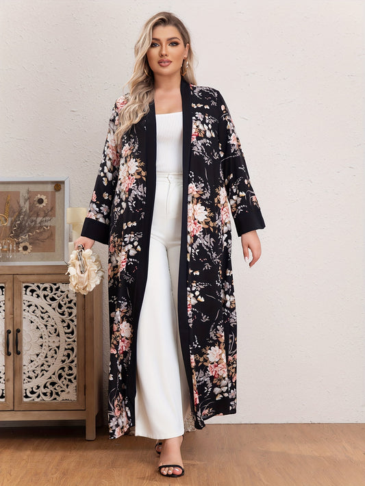 Ramadan Plus Size Floral Pattern Kaftan Coverups, Elegant Open Front Long Sleeve Coverup, Women's Plus Size Clothing