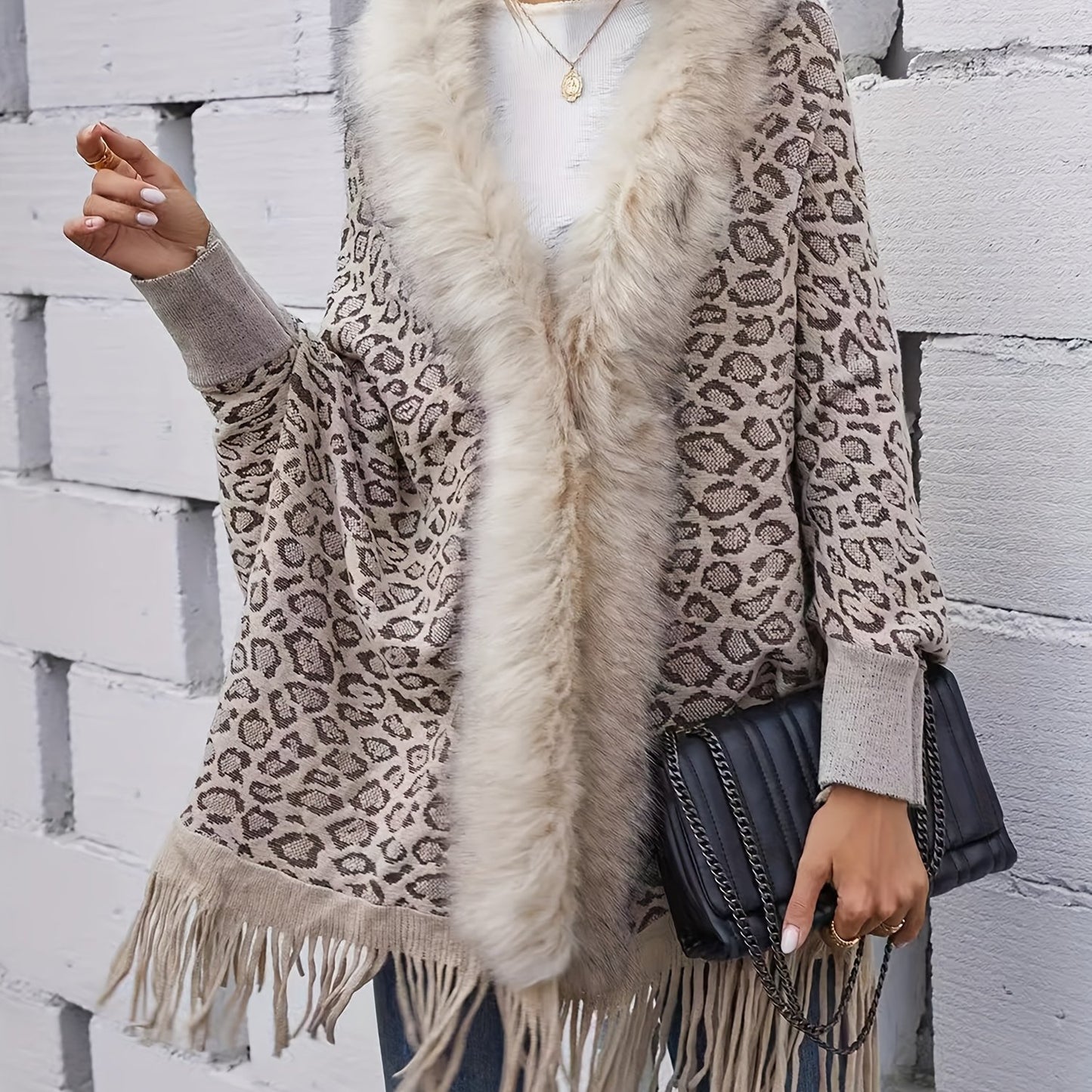 Elegant Leopard Print Knit Cardigan with Faux Fur Collar & Tassel Trim - Batwing Sleeves, Open Front Shawl Cape for Women - Perfect for Fall/Winter, for Winter