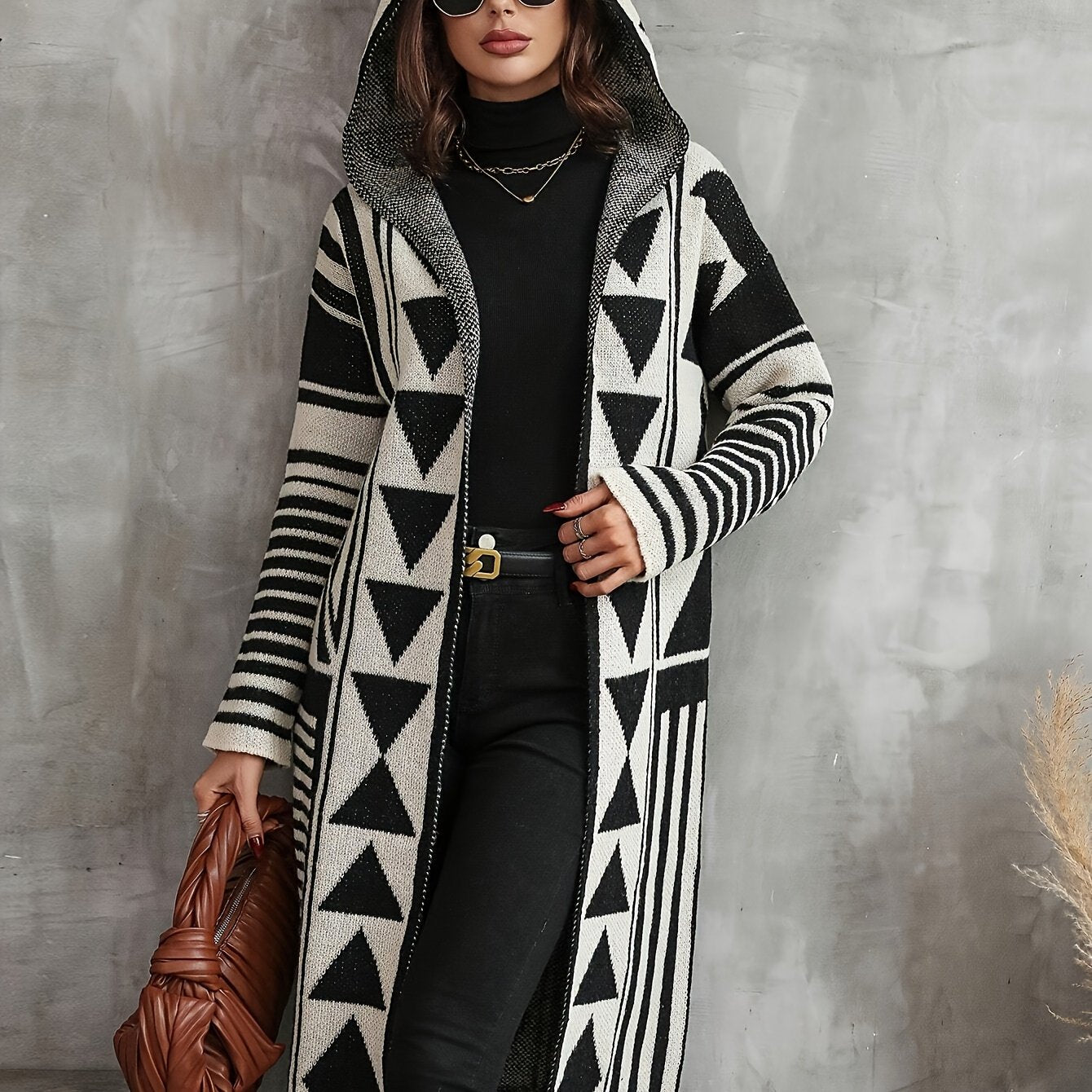 Geo Pattern Long Sleeve Hooded Cardigan, Stylish Open Front Color Block Knitted Cardigan For Fall & Winter, Women's Clothing