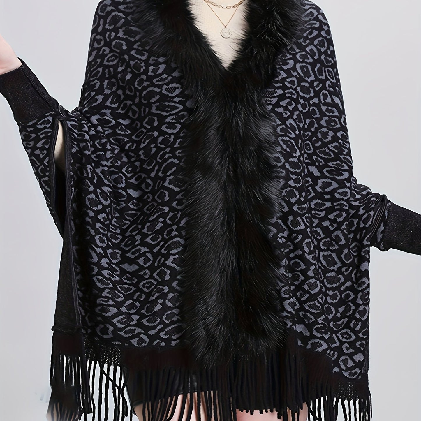 Elegant Leopard Print Knit Cardigan with Faux Fur Collar & Tassel Trim - Batwing Sleeves, Open Front Shawl Cape for Women - Perfect for Fall/Winter, for Winter