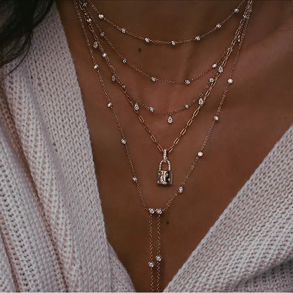 New Collier Vintage Crystal Geometry Star Moon Lock Necklace For Women 2020 Boho Multi-level Pendants Necklaces Chokers Jewelry Gift