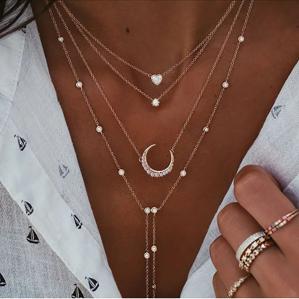 New Collier Vintage Crystal Geometry Star Moon Lock Necklace For Women 2020 Boho Multi-level Pendants Necklaces Chokers Jewelry Gift