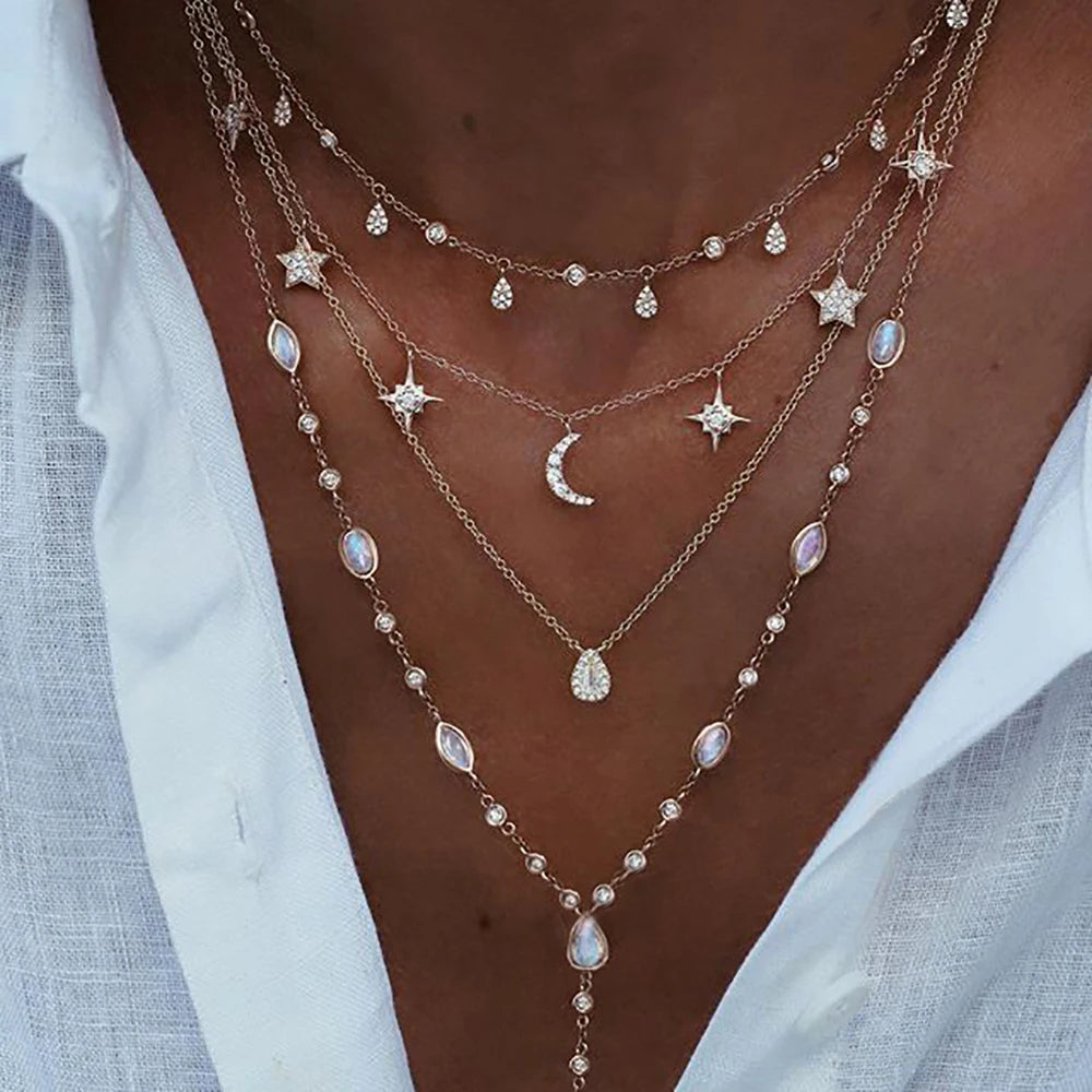 New Collier Vintage Crystal Geometry Star Moon Lock Necklace For Women 2020 Boho Multi-level Pendants Necklaces Chokers Jewelry Gift