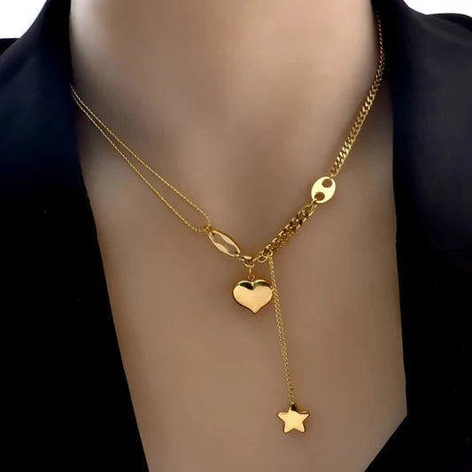 DIEYURO 316L Stainless Steel Long Love Heart  Women Girls Necklaces&Pendant Star Hanging Chain Choker Sweet Valentine's Day Gift