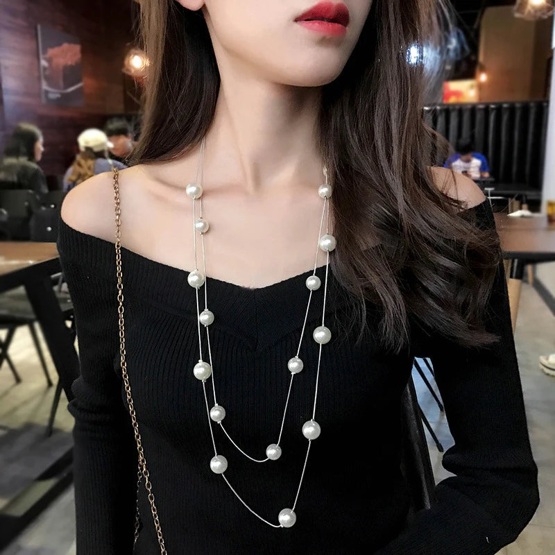 New Long Double Layer Simulated Pearl Necklace Women Sweater Chain  Female Collares Statement Jewlery Wholesale 2024