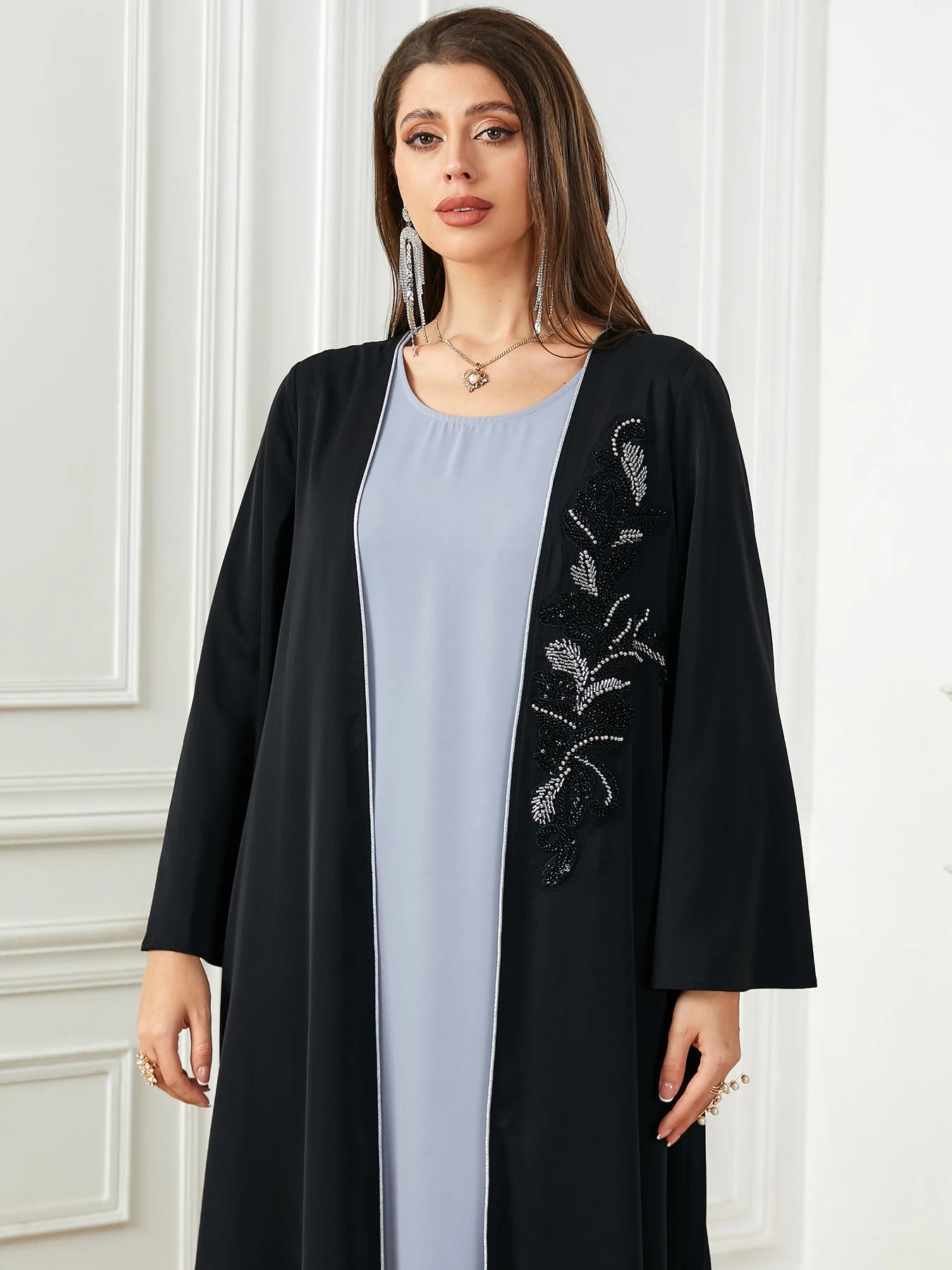 2024 New Saudi Arab Casual Loose Black Floral Beading Draped Open Kimono Abaya Jalabiyat Borka Women Clothing