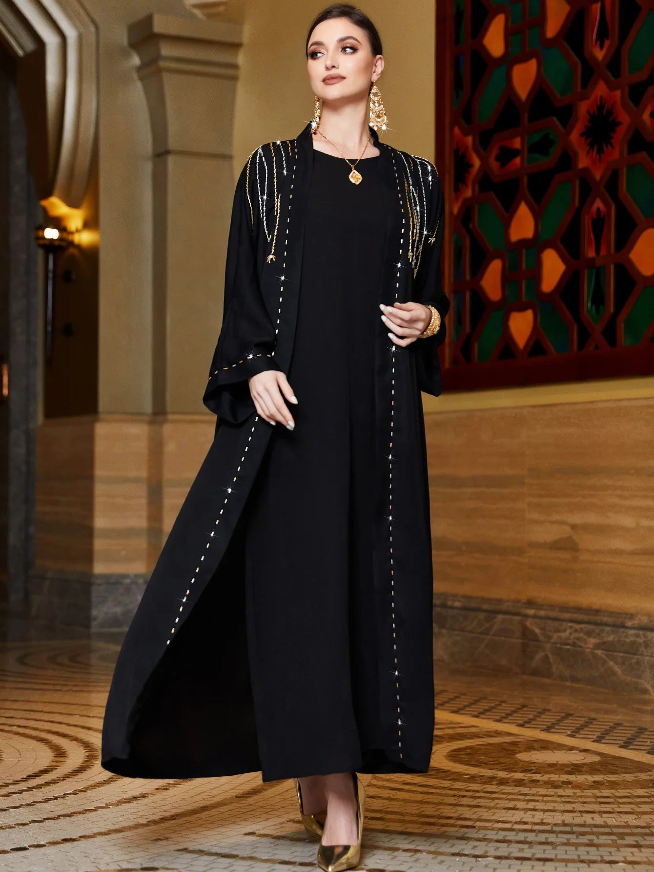 Ramadan Moroccan Muslim Robe with Black Hand Sew on Rice Bead Satin, Dubai, Saudi, Arabian Robe, Islamic Overlay Abaya, Turkish