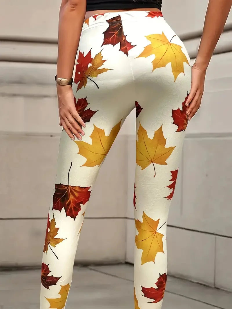 Leaf print stretch slim-fit elastic waist casual leggings for women