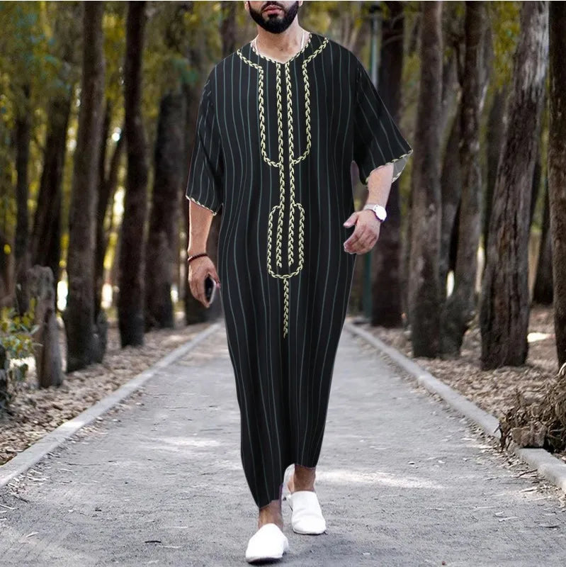 2023 Muslim Men's Robe Arab National Loose Casual V-Neck Mid Sleeve Retro Muslim Men's Jumpsuit Summer M-4XL