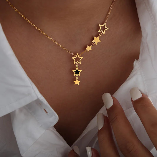 New in Star Pendant Necklace for Women Stainless Steel Gold Plated Chain Black Acrylic Fashion Jewelry Girlfriend Gift Wholesale