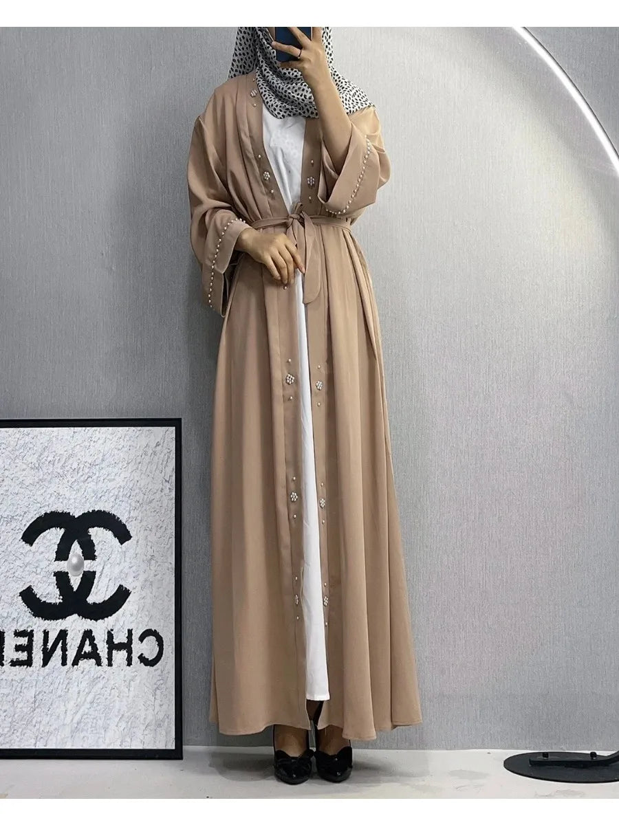 Women Eid Muslim Abaya Modest Belt Long Robe Pearls Loose Ramadan Morocco Dubai Cardigan Beading Abayas Kaftan Vestidos 2024