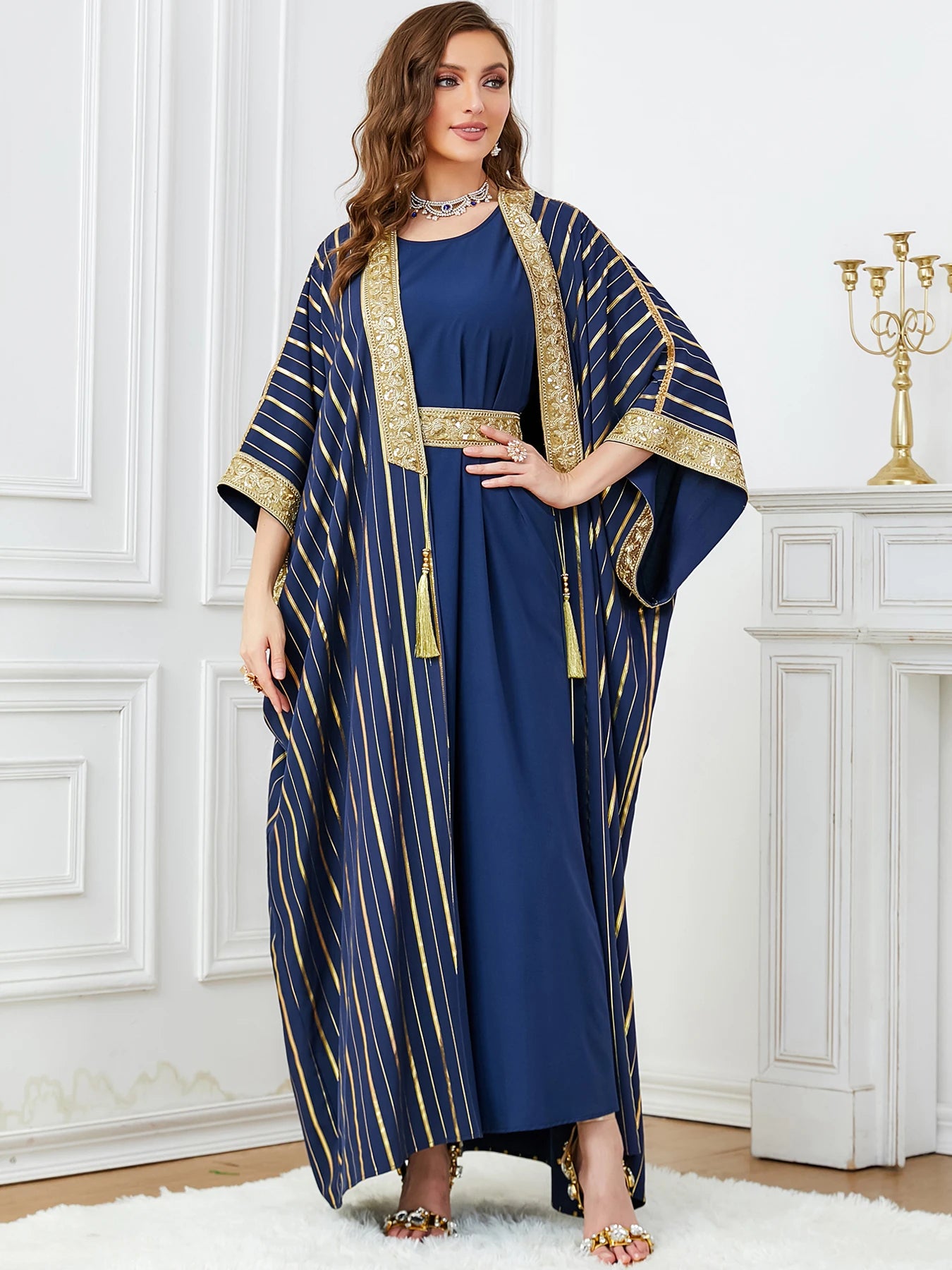 Autumn Muslim Dress for Women Abaya 2 Piece Set Half Sleeve Caftan Morocco Dubai Arab Party Long Dresses Kimono Robe 2023