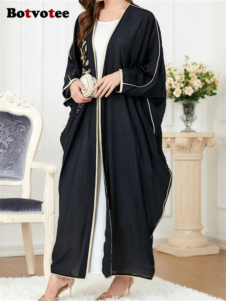 Botvotee Appliques Muslim Fashion Abaya for Women 2024 New Fashion Casual Batwing Sleeve Abaya Elegant Spliced Long Sleeve Abaya