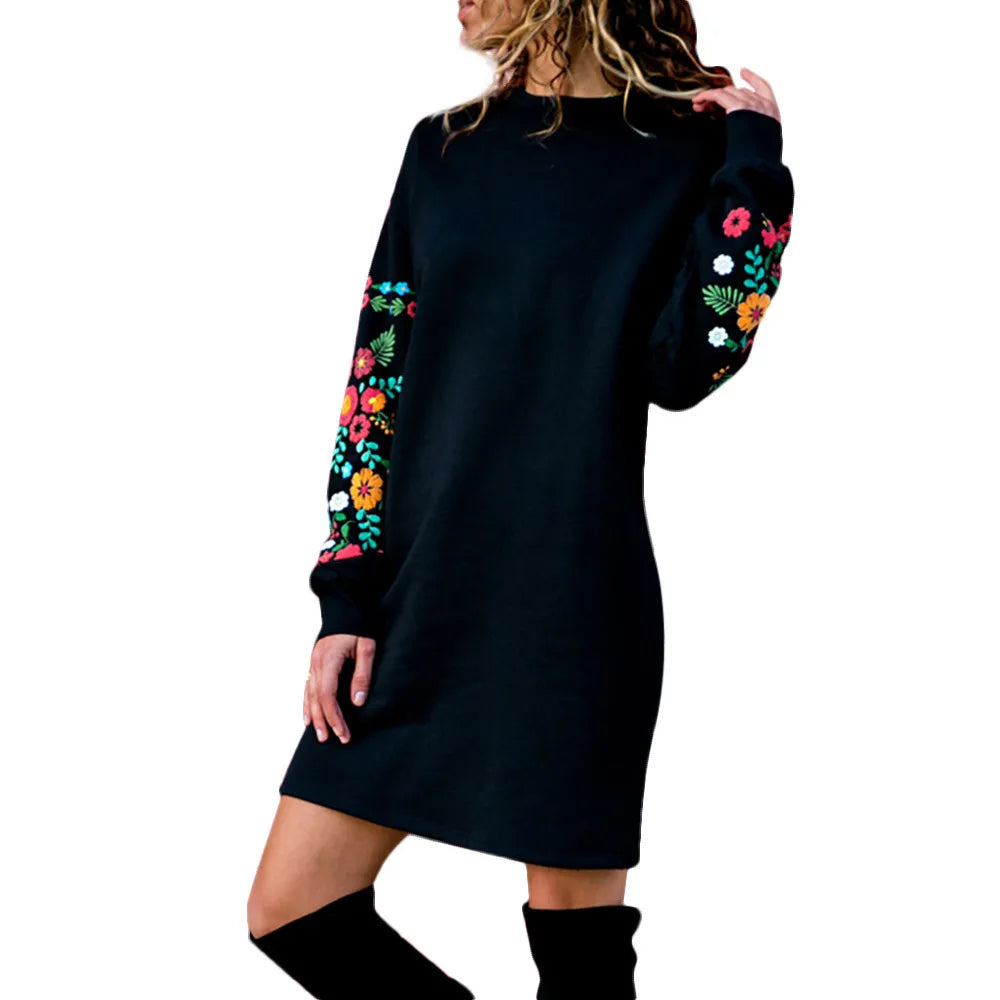 Women Autumn Winter Casual Long Sleeve Floral Embroidery Sweatshirt Dress