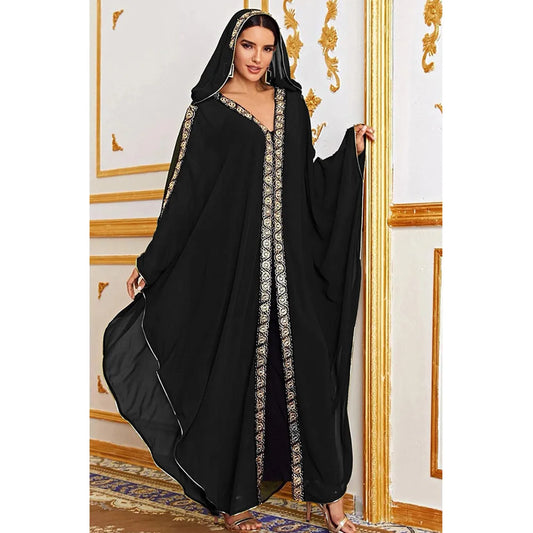 Abaya  Dubai Hooded Maxi Dress Bat Sleeve Farasha Kaftan  Open Kimono Boubou Evening Long Gown