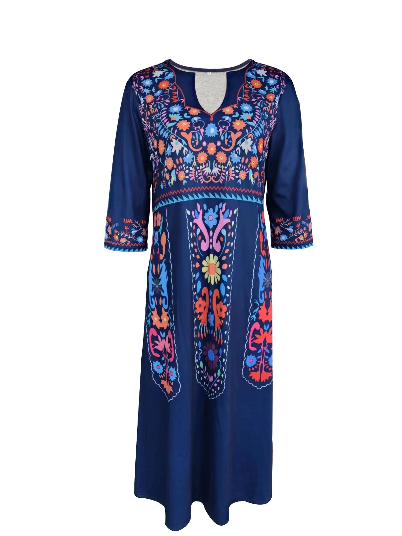 New Women's V-neck Pocket Bohemian Printed 3/4 Sleeve Dress for Women