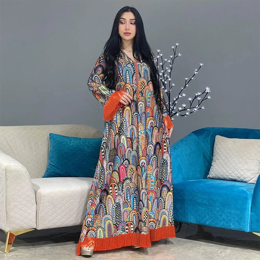 Muslim modest Abayas Dress Vintage Floral Print v-neck buttons Long Dresses  Kaftan Ramadan Woman Clothes robe femme 500158