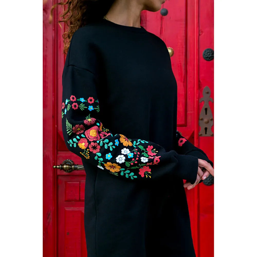 Women Autumn Winter Casual Long Sleeve Floral Embroidery Sweatshirt Dress