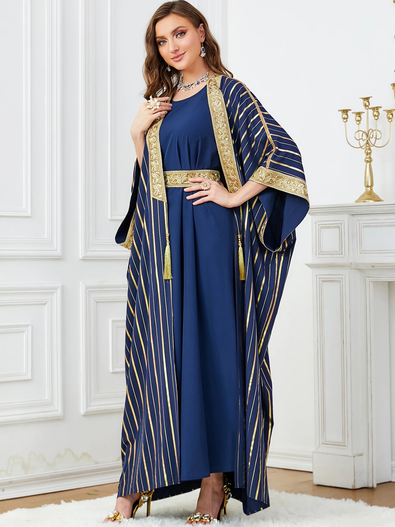 Autumn Muslim Dress for Women Abaya 2 Piece Set Half Sleeve Caftan Morocco Dubai Arab Party Long Dresses Kimono Robe 2023