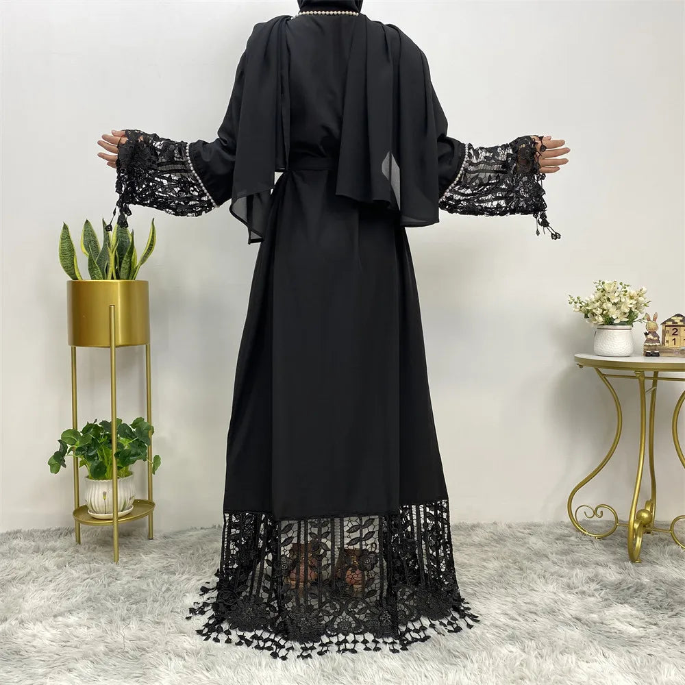 Eid Black Tassel Lace Open Abaya Women Muslim Dress Ramadan Kimono Cardigan Belted Islam Clothing Dubai Kaftan Turkey Robe Gown