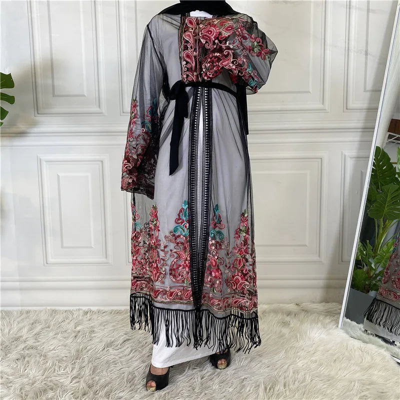 Dubai Mesh Embroidered Maxi Dress Women Tassel Open Abaya Muslim Party Gown Islamic Caftan Moroccan Kaftan Eid Ramadan Caftan