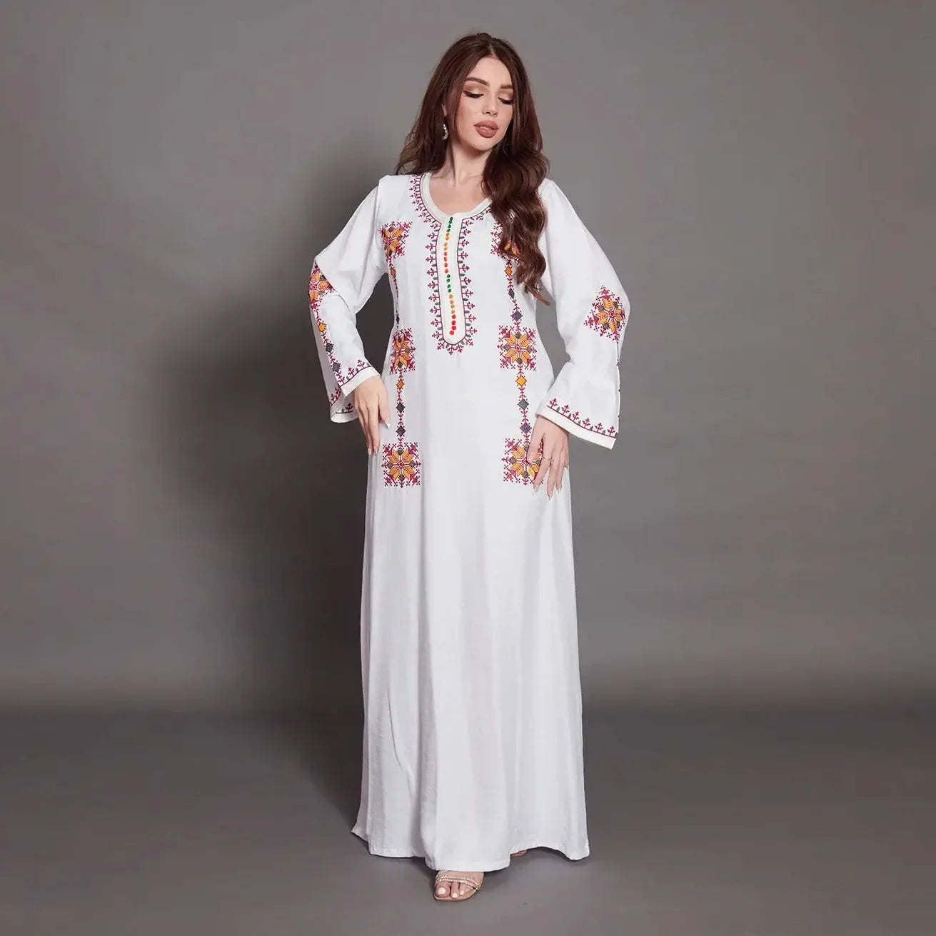 Muslim Cotton Abaya Colorful Embroidery Floral Dress Loose Long Djellaba Ramadan Gown Women Ethnic Kaftan Turkey Arab Robe