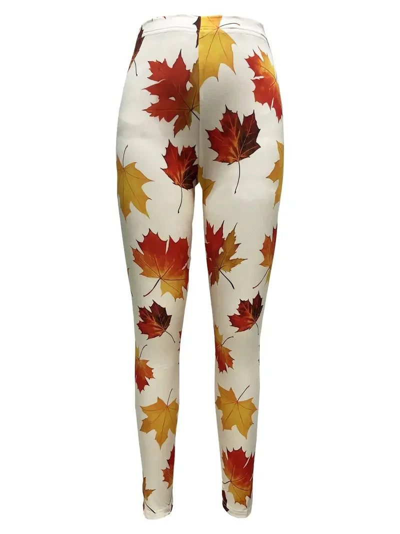 Leaf print stretch slim-fit elastic waist casual leggings for women