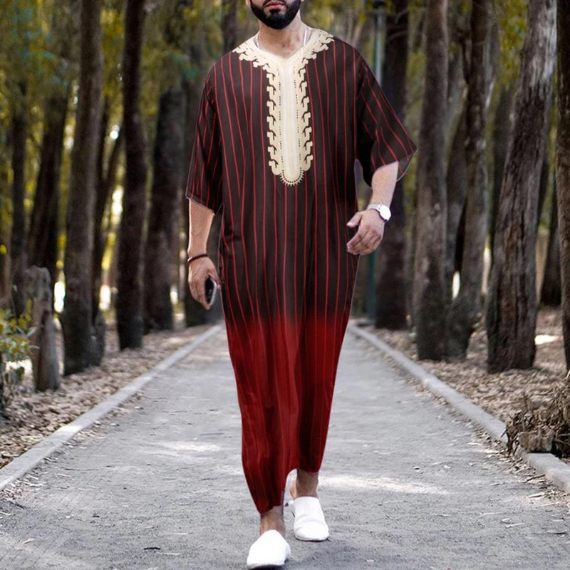 2023 Muslim Men's Robe Arab National Loose Casual V-Neck Mid Sleeve Retro Muslim Men's Jumpsuit Summer M-4XL