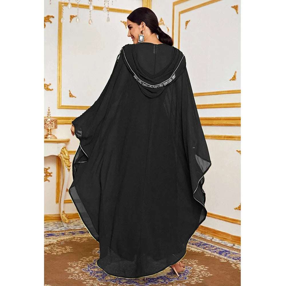 Abaya  Dubai Hooded Maxi Dress Bat Sleeve Farasha Kaftan  Open Kimono Boubou Evening Long Gown