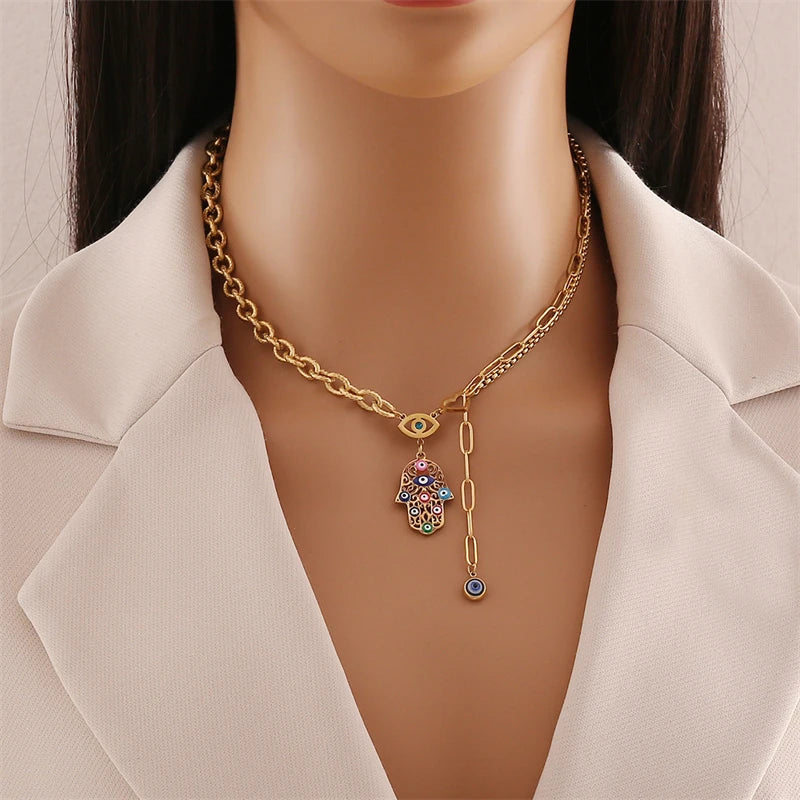 316L Stainless Steel New Fashion Fine Jewelry Zircon Colorful Eyes Palm Heart Charm Chain Necklaces Bracelets Earrings For Women