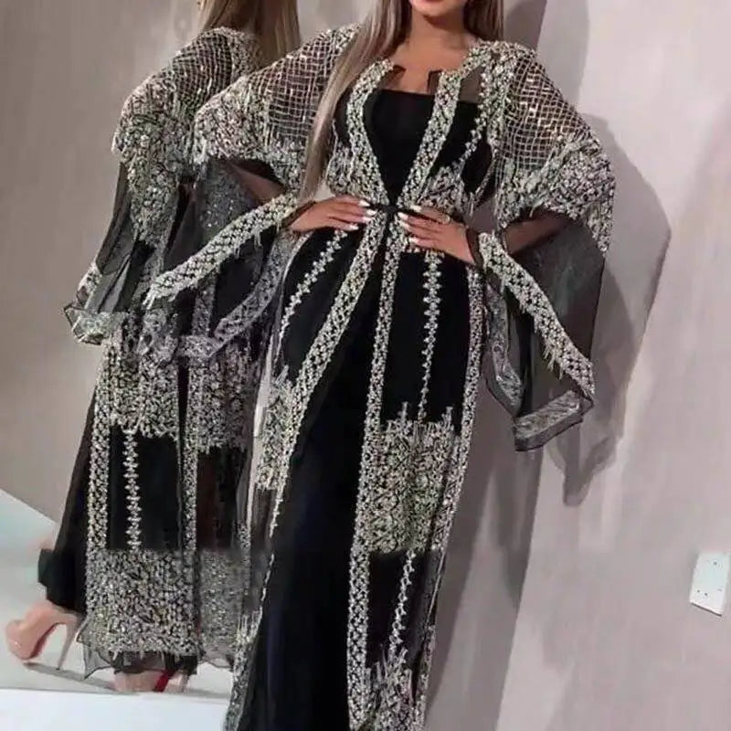 Abaya Dubai  Dress Luxury High Class Sequins Embroidery Lace Ramadan Kaftan Islam Kimono Women Black Maxi Dress 2023 MT130