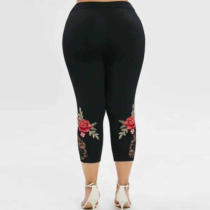 Women Rose Printed Lace Panel Slim Black Pants Female Casual Yoga Sports Elastic Leggings  S-2XL