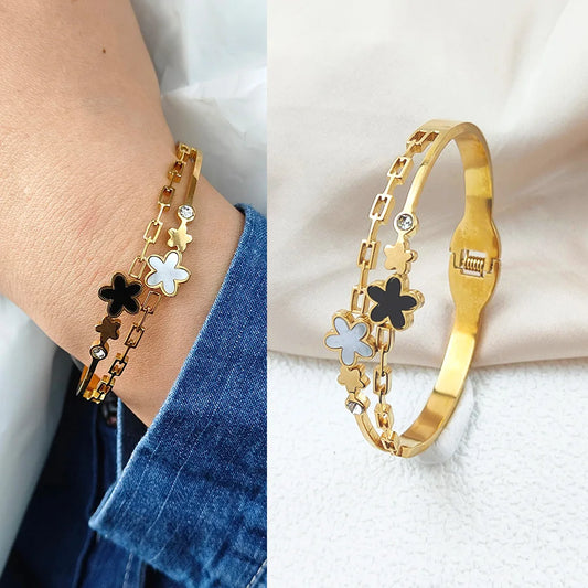 Fashion Gold Color Stainless Steel Flower Luxury Bracelets & Bangles for Women Cute Charm Bracelet Jewelry Party Gift Wholesale