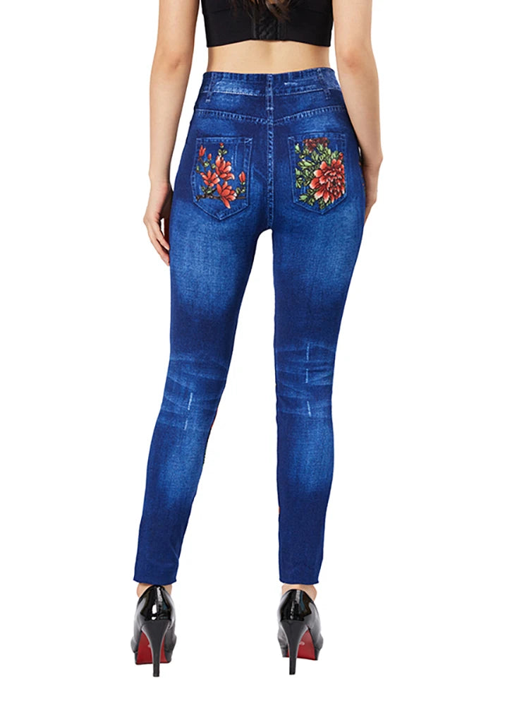 CUHAKCI Flame Flower Print Slim Fit Blue Jeggings Women's Casual  Pencil Pants Elastic Fake Pocket Jeans Workout Yoga Leggings